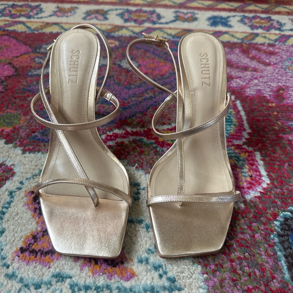 SCHUTZ Metallic Gold Strappy Square-Toe Heels
